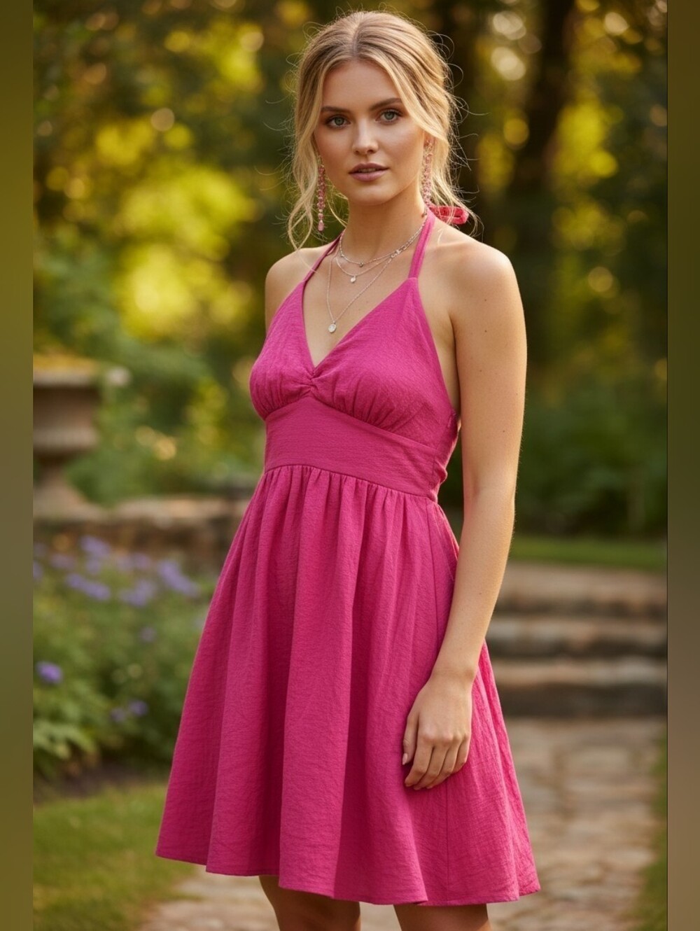 J. Crew Vintage Halter Embossed Cotton Seersucker Mini Dress in Hot Pink